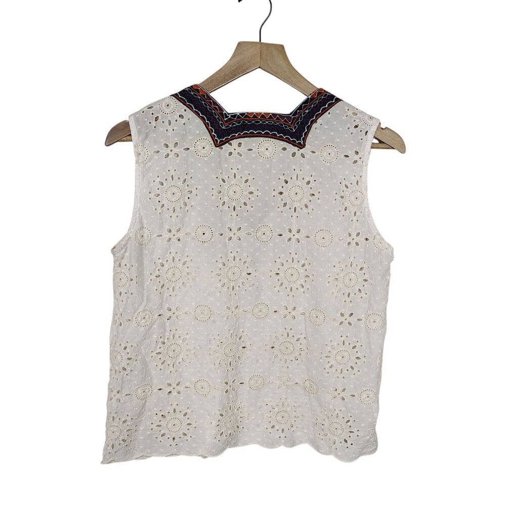 THML Womens Boho Eyelet Tassel Blouse Size L Embroidered Festival Top Cream - Picture 2 of 7
